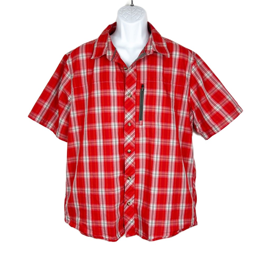 NordicTrack Button Down Shirt Men XL Red White Plaid Short Sleeve Casual